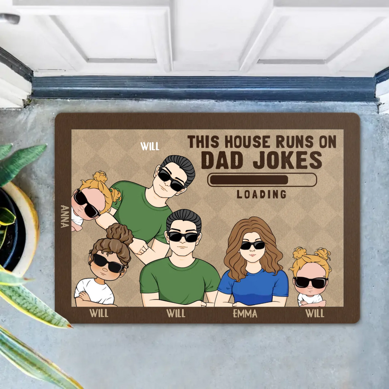 Custom Personalized Family Doormat - Gift Idea For Father's Day - Up to 6 Kids - This House Runs On Dad Jokes
