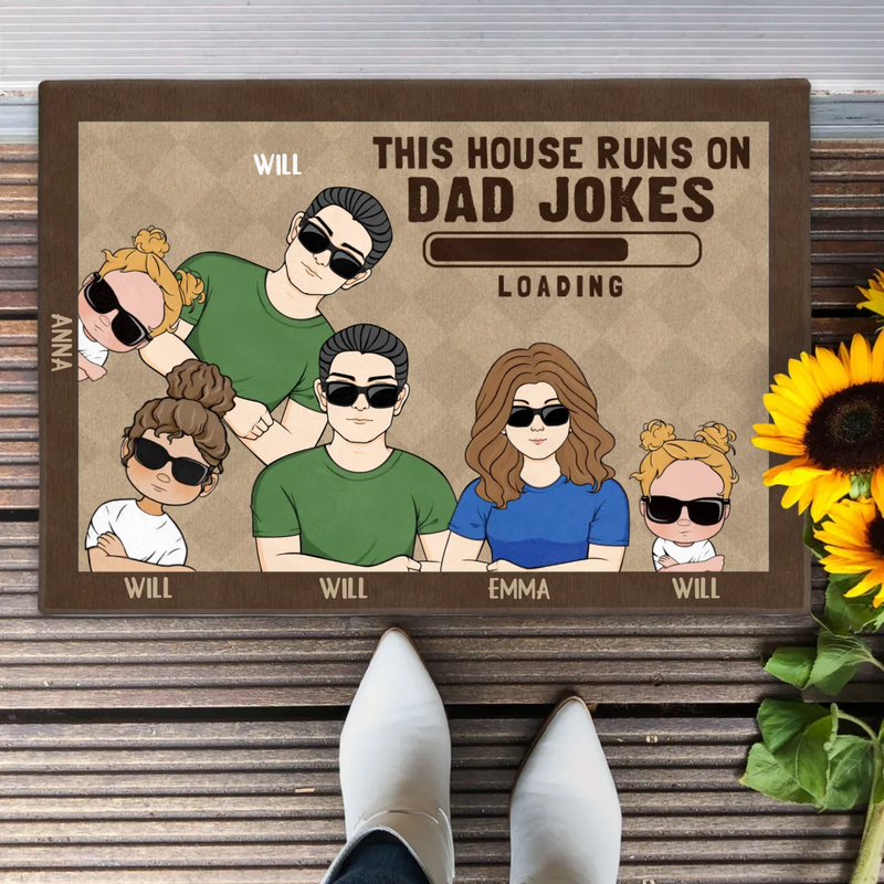 Custom Personalized Family Doormat - Gift Idea For Father's Day - Up to 6 Kids - This House Runs On Dad Jokes
