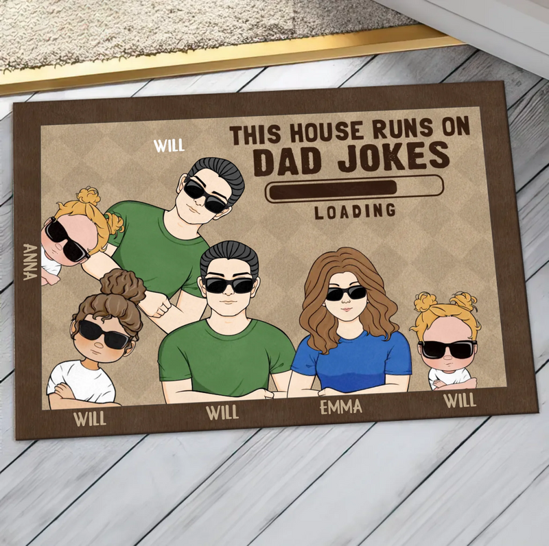 Custom Personalized Family Doormat - Gift Idea For Father's Day - Up to 6 Kids - This House Runs On Dad Jokes