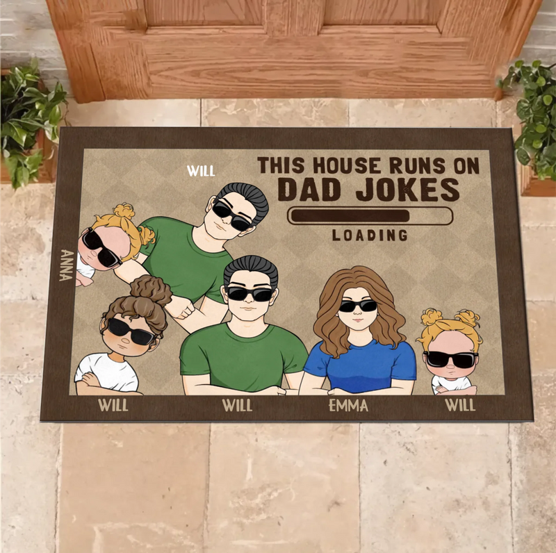 Custom Personalized Family Doormat - Gift Idea For Father's Day - Up to 6 Kids - This House Runs On Dad Jokes