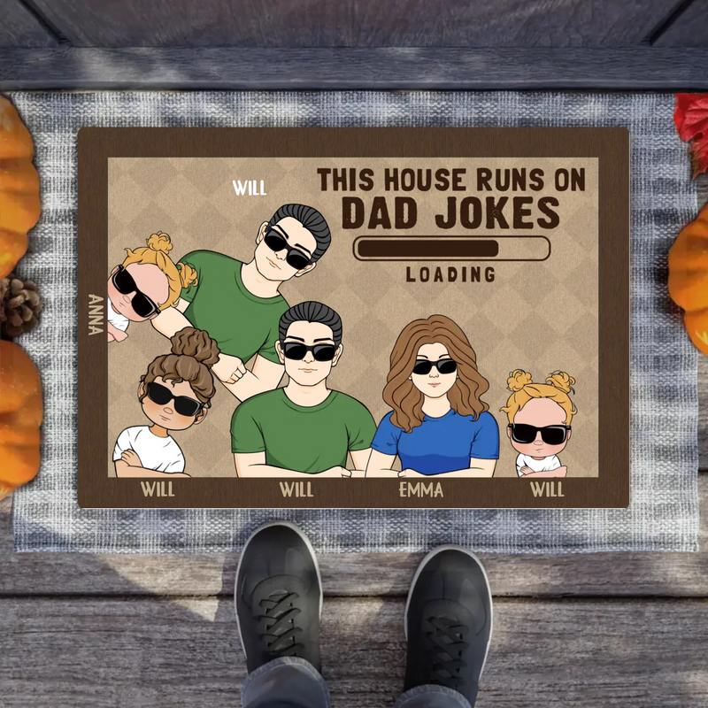 Custom Personalized Family Doormat - Gift Idea For Father's Day - Up to 6 Kids - This House Runs On Dad Jokes
