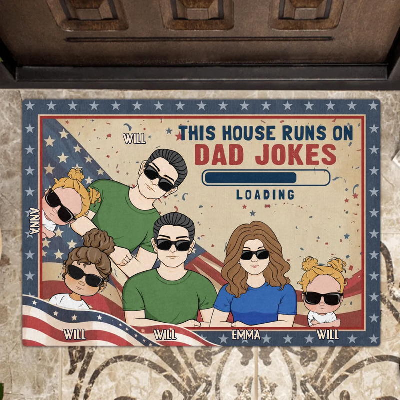 Custom Personalized Family Doormat - Gift Idea For Father's Day - Up to 6 Members - This House Runs On Dad Jokes