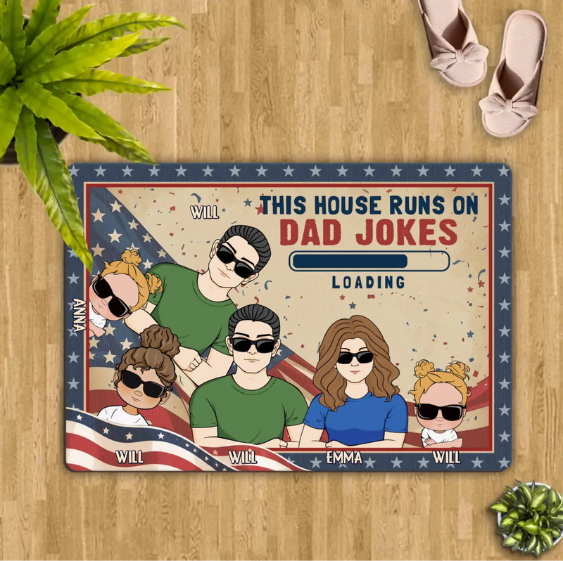 Custom Personalized Family Doormat - Gift Idea For Father's Day - Up to 6 Members - This House Runs On Dad Jokes