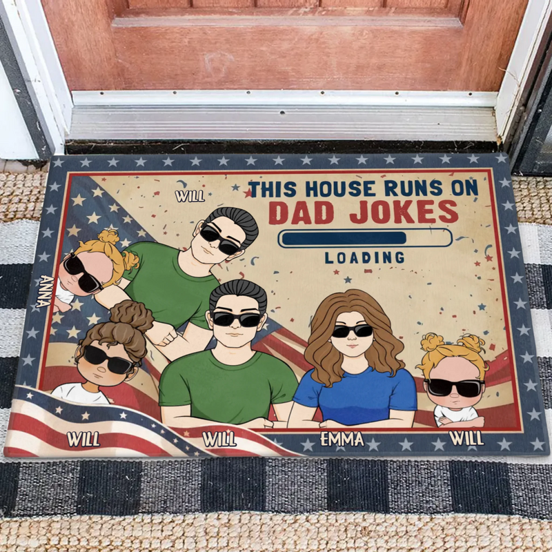Custom Personalized Family Doormat - Gift Idea For Father's Day - Up to 6 Members - This House Runs On Dad Jokes