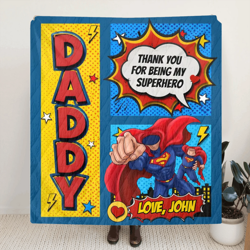 Personalized Daddy Superhero Fleece Throw Blanket/ Quilt - Father's Day Gift Idea - Thank You