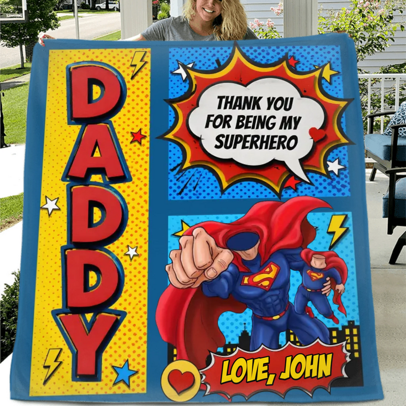 Personalized Daddy Superhero Fleece Throw Blanket/ Quilt - Father's Day Gift Idea - Thank You