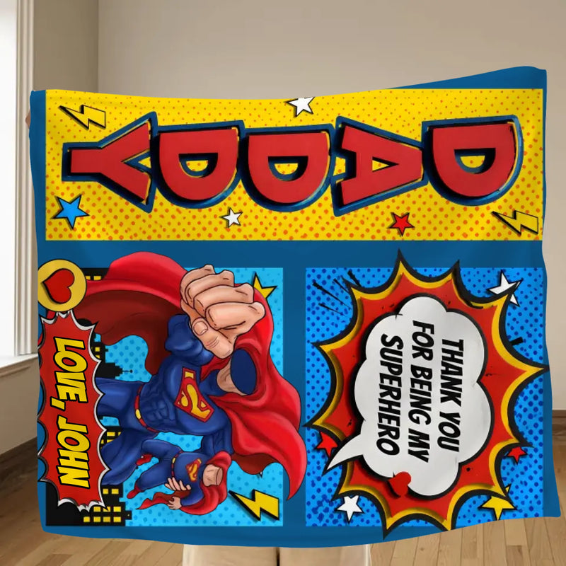 Personalized Daddy Superhero Fleece Throw Blanket/ Quilt - Father's Day Gift Idea - Thank You