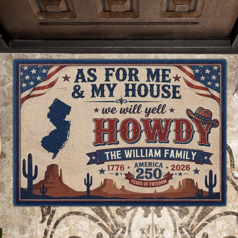 Custom Personalized Howdy Doormat – Patriotic America 250 Years of Freedom – Family Name & State Welcome Mat Gift