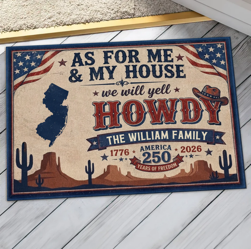 Custom Personalized Howdy Doormat – Patriotic America 250 Years of Freedom – Family Name & State Welcome Mat Gift