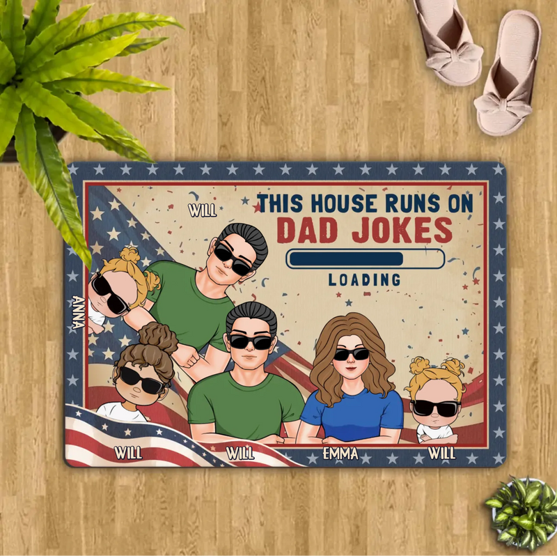 Custom Personalized Family Doormat - Gift Idea For Father's Day - Up to 6 Members - This House Runs On Dad Jokes