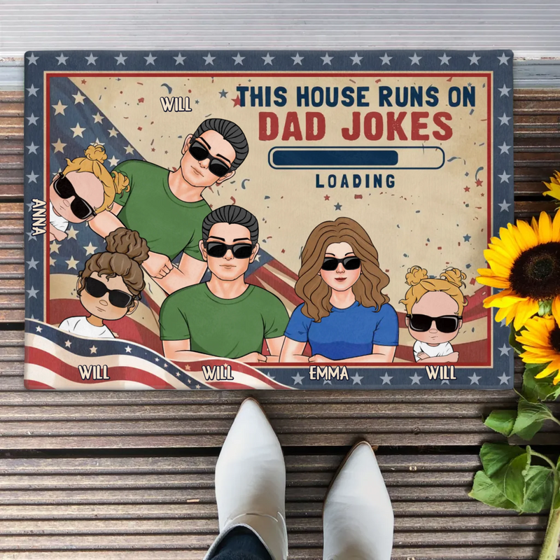Custom Personalized Family Doormat - Gift Idea For Father's Day - Up to 6 Members - This House Runs On Dad Jokes