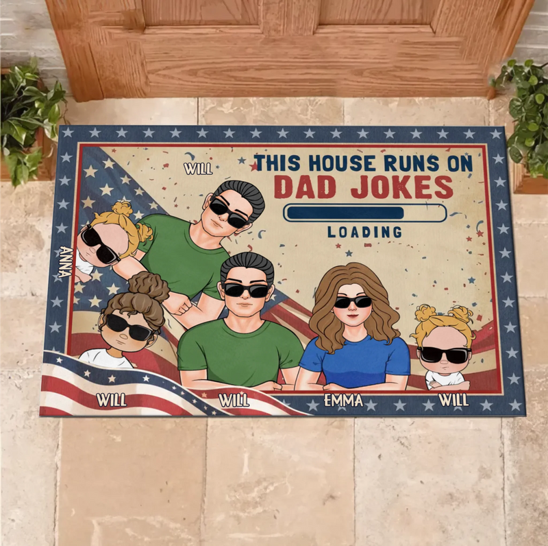 Custom Personalized Family Doormat - Gift Idea For Father's Day - Up to 6 Members - This House Runs On Dad Jokes