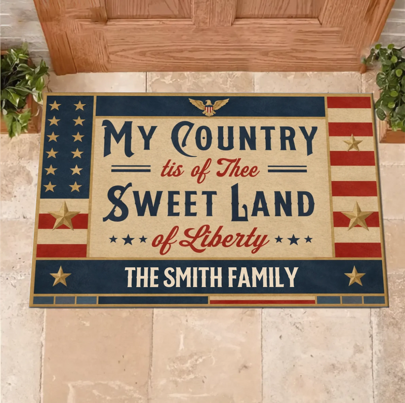 Personalized Patriotic Family Doormat – Vintage American Flag Welcome Mat for July 4th