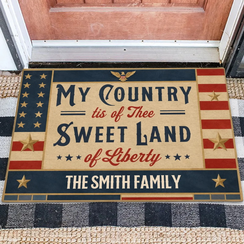 Personalized Patriotic Family Doormat – Vintage American Flag Welcome Mat for July 4th