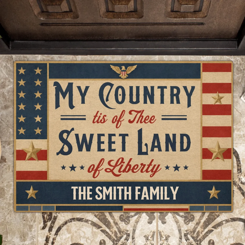 Personalized Patriotic Family Doormat – Vintage American Flag Welcome Mat for July 4th