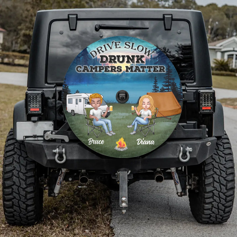 Custom Personalized Couple Camping Spare Tire Cover - Valentine's Day Gift Idea For Couple - Drive Slow Drunk Campers Matter
