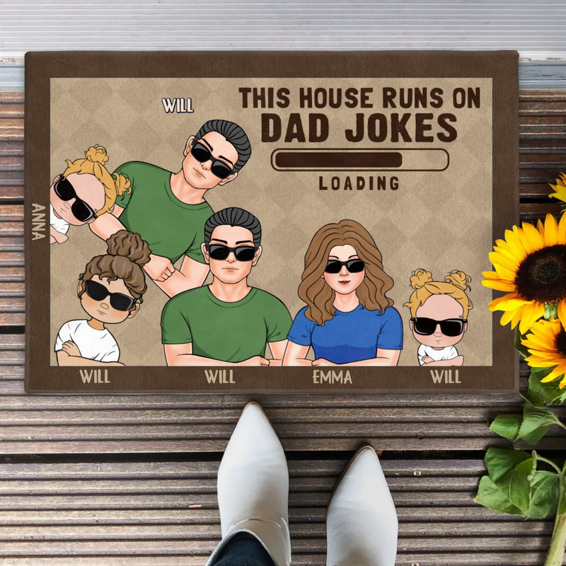 Custom Personalized Family Doormat - Gift Idea For Father's Day - Up to 6 Kids - This House Runs On Dad Jokes