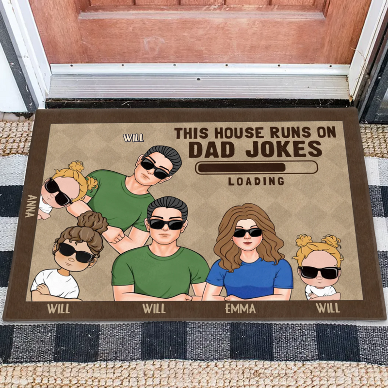 Custom Personalized Family Doormat - Gift Idea For Father's Day - Up to 6 Kids - This House Runs On Dad Jokes