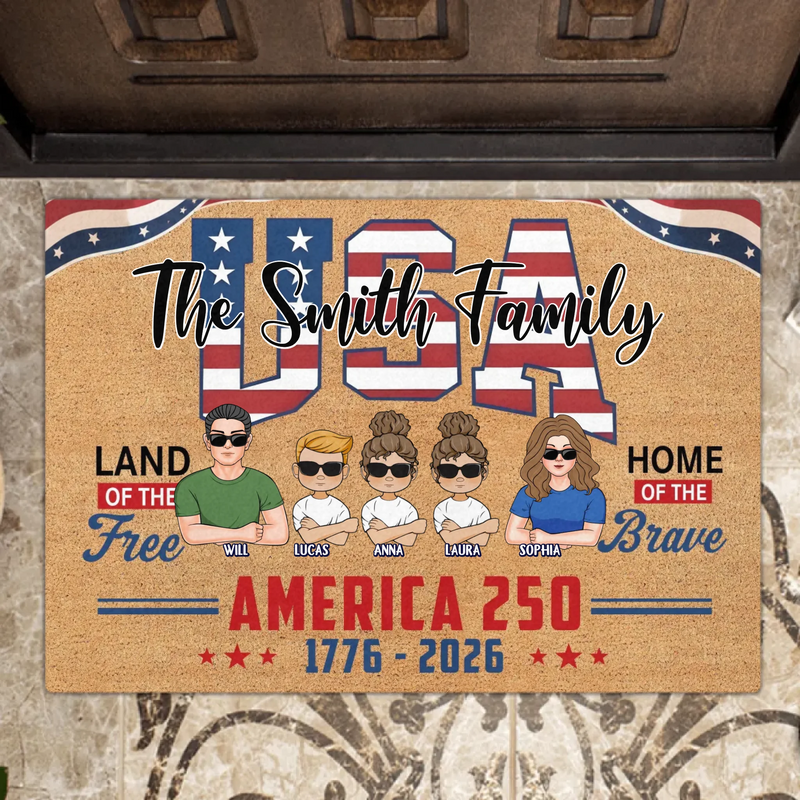 Custom Personalized USA Family Doormat - Up To 5 Family Members – Independence Day Home Decor Gift - Land Of The Free Home Of The Brave