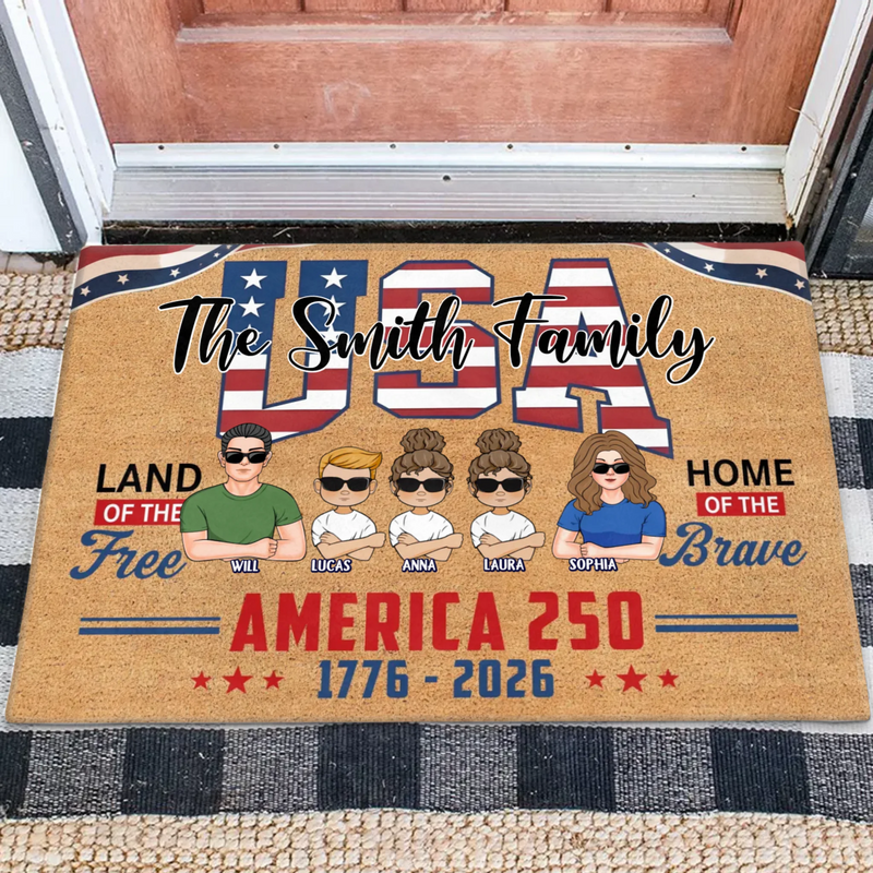 Custom Personalized USA Family Doormat - Up To 5 Family Members – Independence Day Home Decor Gift - Land Of The Free Home Of The Brave