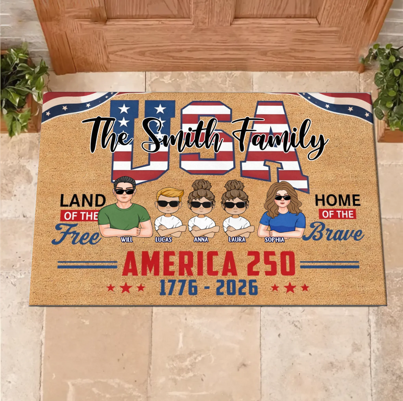 Custom Personalized USA Family Doormat - Up To 5 Family Members – Independence Day Home Decor Gift - Land Of The Free Home Of The Brave