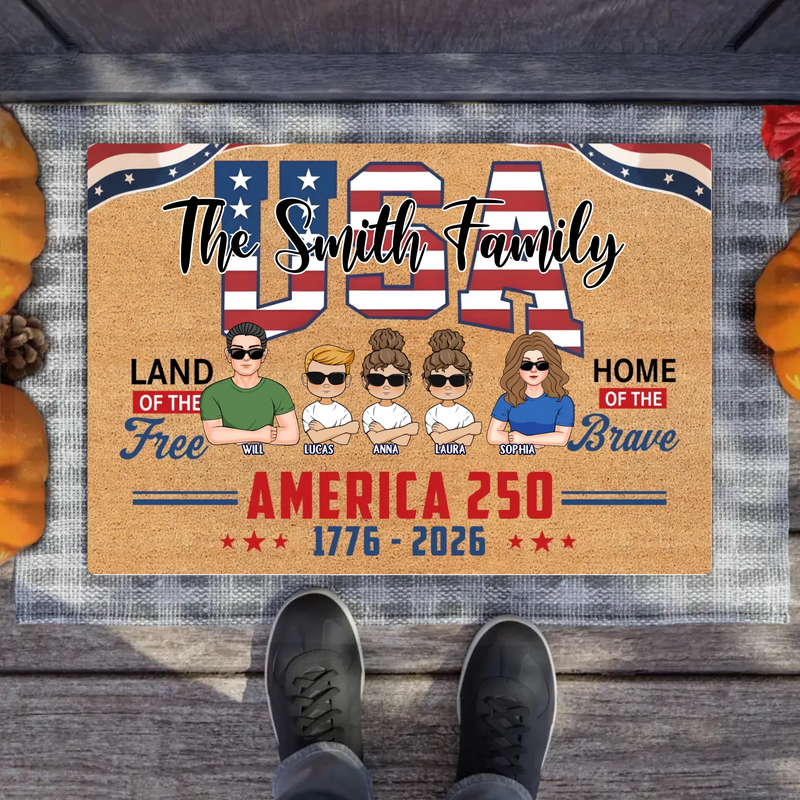 Custom Personalized USA Family Doormat - Up To 5 Family Members – Independence Day Home Decor Gift - Land Of The Free Home Of The Brave