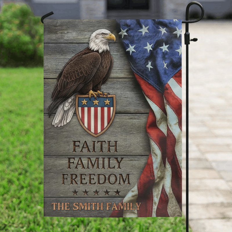 Personalized Faith Family Freedom Garden Flag – Patriotic Christian Outdoor Decor for American Families