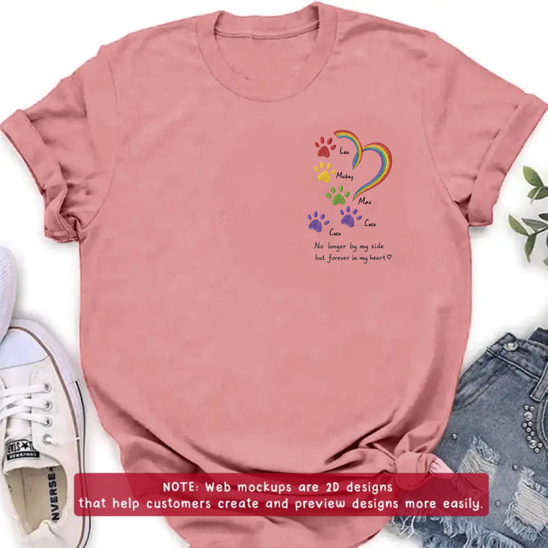 Personalized Rainbow Bridge Pet Memorial Embroidered Shirt/ Hoodie – Custom Pet Names Paw Print T-Shirt – No Longer By My Side But Forever In My Hearts