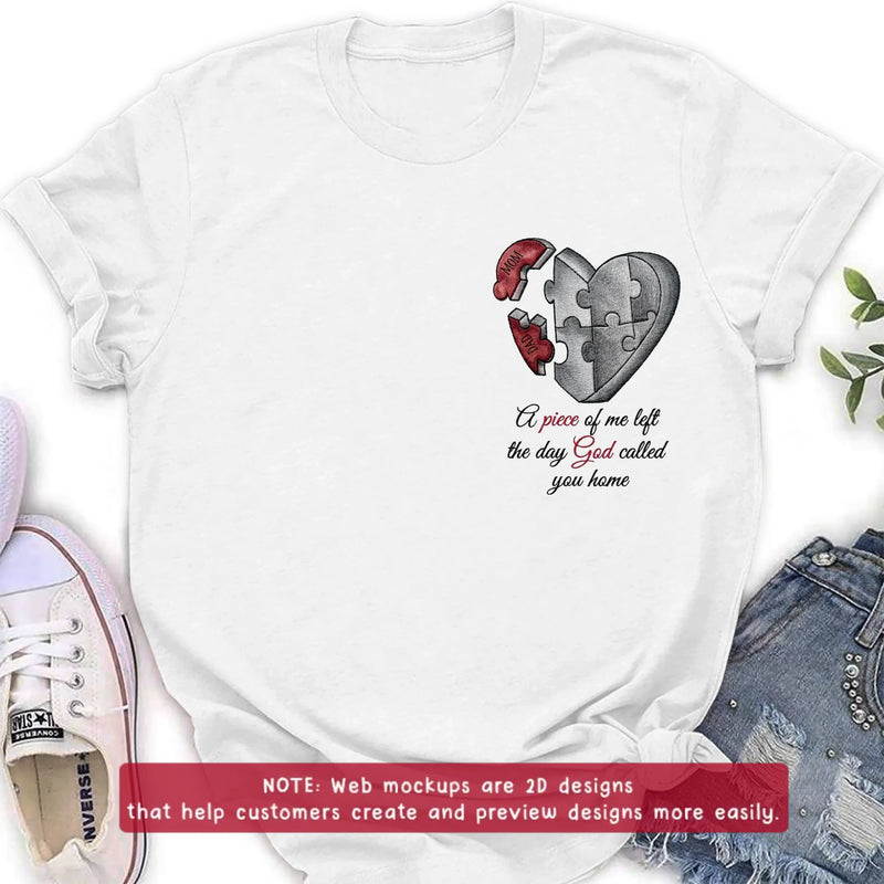 Personalized Memorial Heart Puzzle Embroidered Shirt/ Hoodie - Sympathy Gift for Loss of Mom/ Dad - A Piece Of Me Left The Day God Called You Home