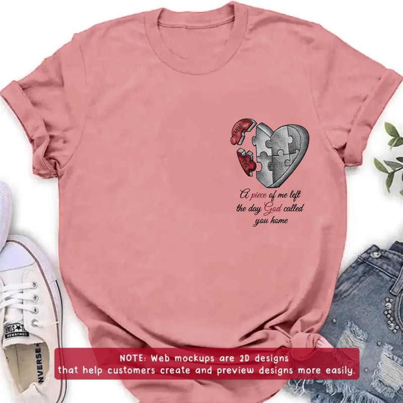 Personalized Memorial Heart Puzzle Embroidered Shirt/ Hoodie - Sympathy Gift for Loss of Mom/ Dad - A Piece Of Me Left The Day God Called You Home