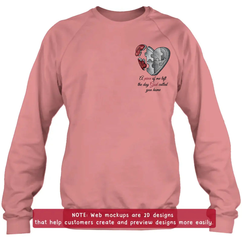 Personalized Memorial Heart Puzzle Embroidered Shirt/ Hoodie - Sympathy Gift for Loss of Mom/ Dad - A Piece Of Me Left The Day God Called You Home