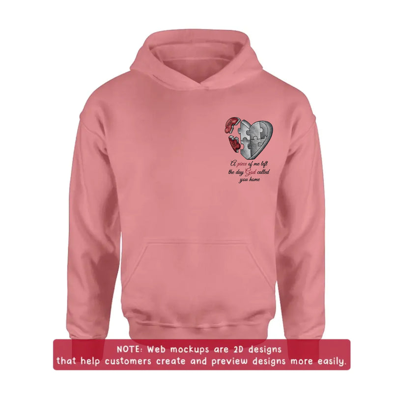 Personalized Memorial Heart Puzzle Embroidered Shirt/ Hoodie -  Sympathy Gift for Loss of Mom/ Dad - A Piece Of Me Left The Day God Called You Home