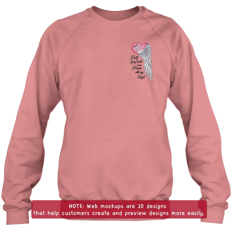 Personalized Memorial Embroidered Shirt/ Hoodie - Half of My Heart Is in Heaven With My Angel - Custom Name & Memorial Dates Sympathy Gift