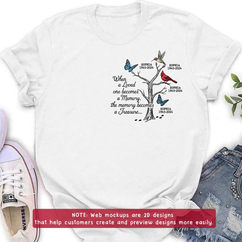 Personalized Memorial Embroidered Shirt/ Hoodie - Family Tree Remembrance with Birds & Butterfly - When A Loved One Becomes A Memory, The Memory Becomes A Treasure