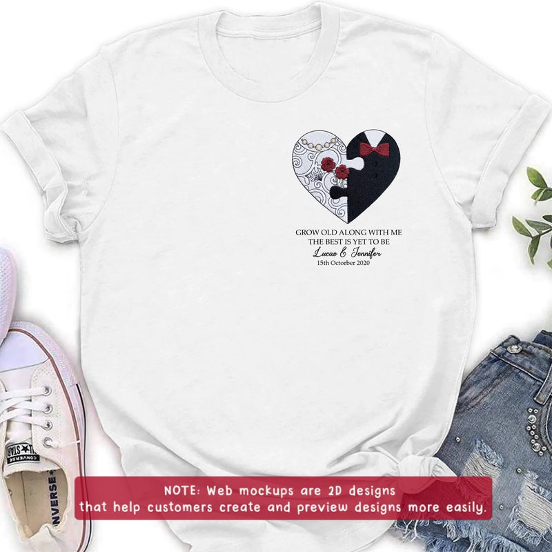 Personalized Couple Heart Puzzle Embroidered Shirt/ Hoodie - Wedding Anniversary Gift for Husband Wife - Grow Old Along With Me