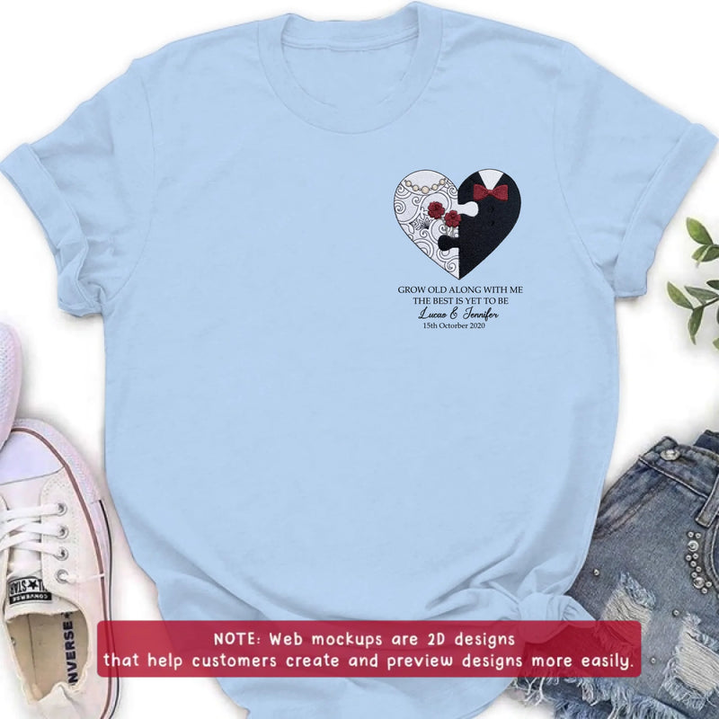 Personalized Couple Heart Puzzle Embroidered Shirt/ Hoodie - Wedding Anniversary Gift for Husband Wife - Grow Old Along With Me