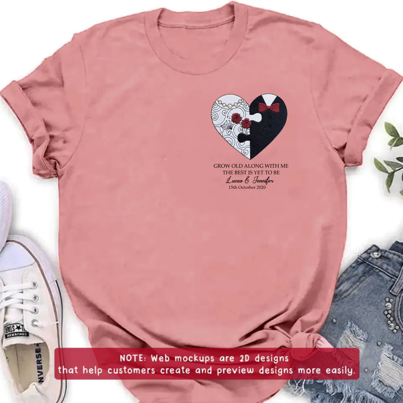 Personalized Couple Heart Puzzle Embroidered Shirt/ Hoodie - Wedding Anniversary Gift for Husband Wife - Grow Old Along With Me