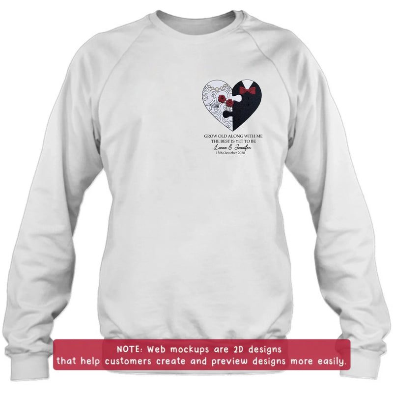 Personalized Couple Heart Puzzle Embroidered Shirt/ Hoodie - Wedding Anniversary Gift for Husband Wife - Grow Old Along With Me