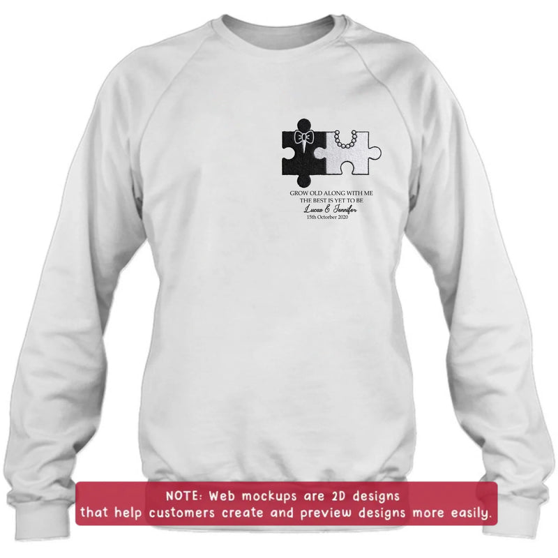 Personalized Couple Puzzle Embroidered Shirt/ Hoodie - Wedding Anniversary Gift for Husband Wife - Grow Old Along With Me