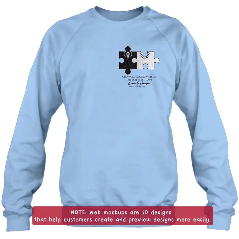 Personalized Couple Puzzle Embroidered Shirt/ Hoodie - Wedding Anniversary Gift for Husband Wife - Grow Old Along With Me