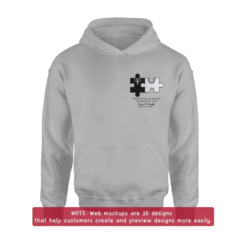 Personalized Couple Puzzle Embroidered Shirt/ Hoodie - Wedding Anniversary Gift for Husband Wife - Grow Old Along With Me