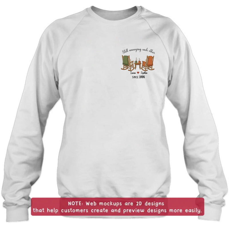 Personalized Old Couple Rocking Chair Embroidered Shirt/ Hoodie - Wedding Anniversary Gift for Husband & Wife - Still Annoying Each Other