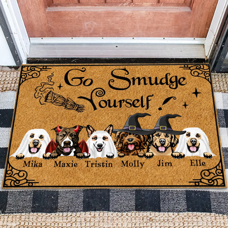 Personalized Dog Doormat - Halloween Welcome Sign - Gift Idea For Dog Lover With Up to 6 Dogs - Go Smudge Yourself