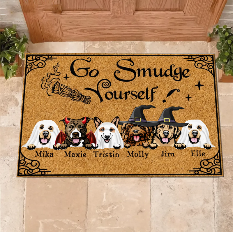 Personalized Dog Doormat - Halloween Welcome Sign - Gift Idea For Dog Lover With Up to 6 Dogs - Go Smudge Yourself