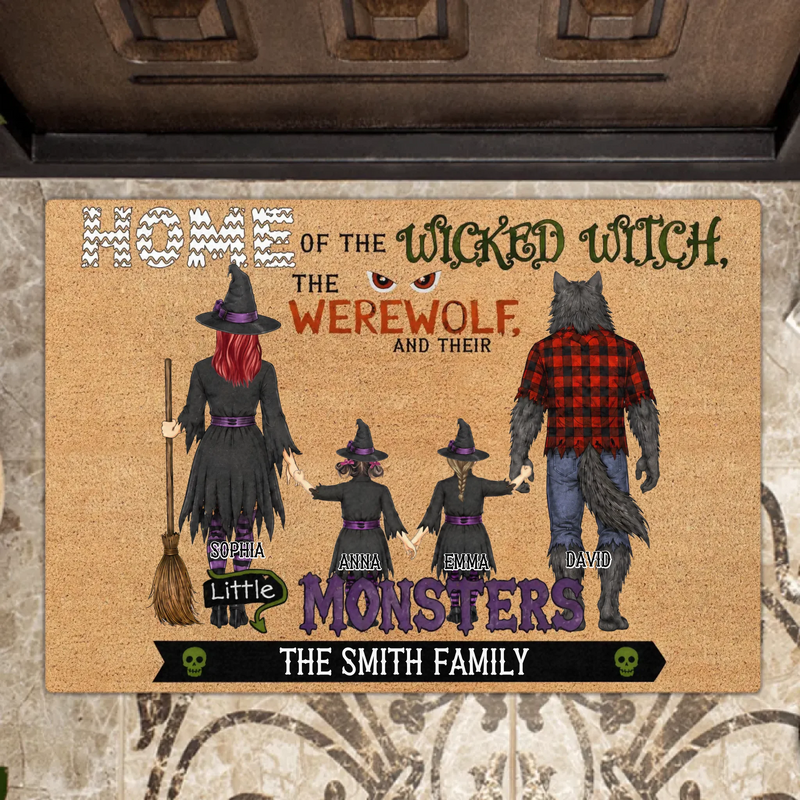 Personalized Halloween Family Doormat - Spooky Front Door Mat - Home Of The Wicked Witch, The Werewolf And Their Little Monsters