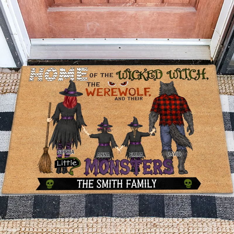 Personalized Halloween Family Doormat - Spooky Front Door Mat - Home Of The Wicked Witch, The Werewolf And Their Little Monsters