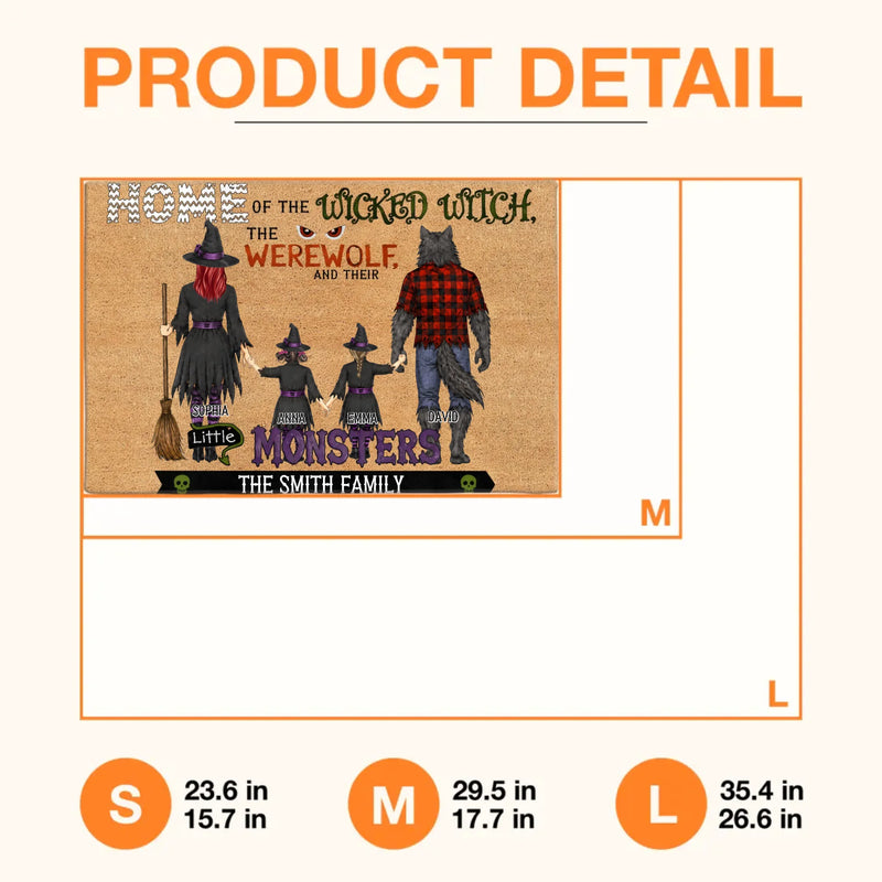 Personalized Halloween Family Doormat - Spooky Front Door Mat - Home Of The Wicked Witch, The Werewolf And Their Little Monsters