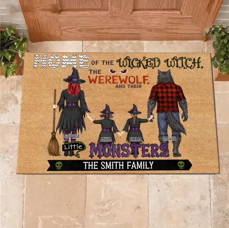 Personalized Halloween Family Doormat - Spooky Front Door Mat - Home Of The Wicked Witch, The Werewolf And Their Little Monsters