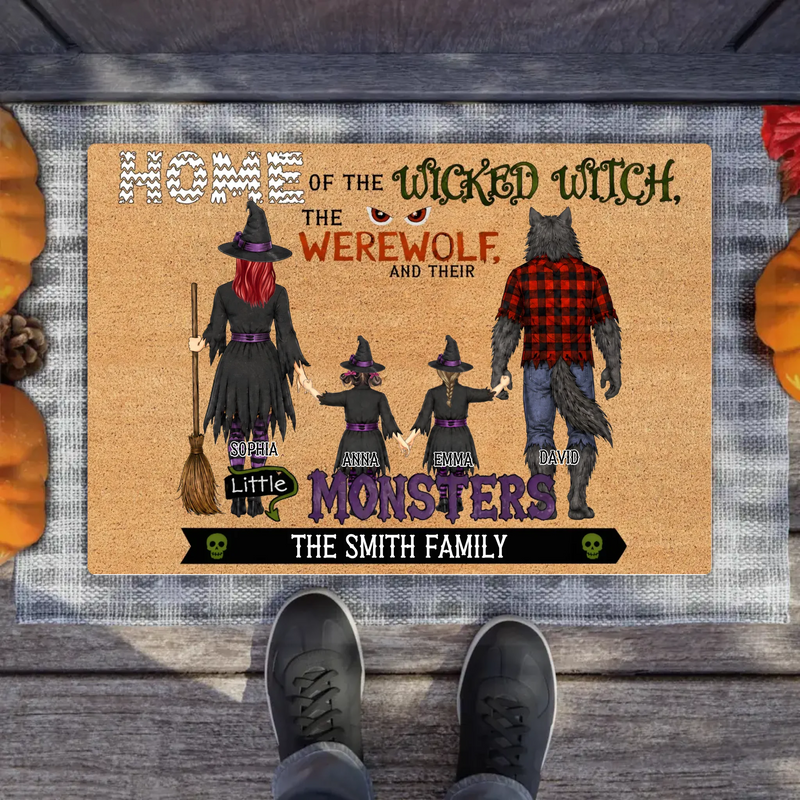 Personalized Halloween Family Doormat - Spooky Front Door Mat - Home Of The Wicked Witch, The Werewolf And Their Little Monsters