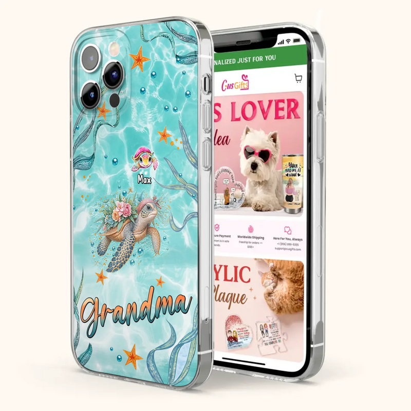 Custom Personalized Grandma Ocean Turtles Phone Case - Gift Idea For Grandma/ Mom - Up to 10 Kids - Case For iPhone/ Samsung